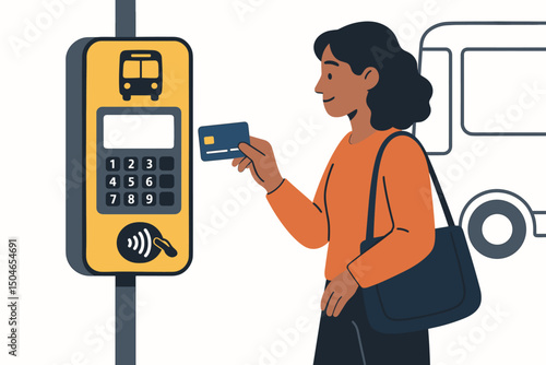 Smiling woman passenger using contactless credit card tap to pay bus fare at station terminal. Modern public transportation payment system technology vector illustration concept.
