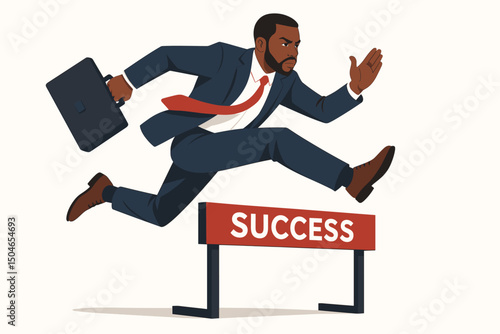 Vector illustration of a focused Black professional hurdling towards success, showcasing corporate ambition, overcoming business challenges, and achieving peak performance.