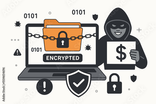 Vector illustration of cyber extortion and ransomware attack, hacker demanding money for encrypted files on a laptop, data breach, malware, security alert, binary code concept.