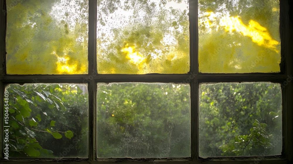 Naklejka premium Old Grungy Window Pane Sunlight Green Foliage