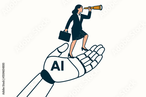 Visionary Businesswoman using Telescope while standing on supportive AI Robot Hand, illustrating Artificial Intelligence guiding future business strategy, growth, and technological advancement.
