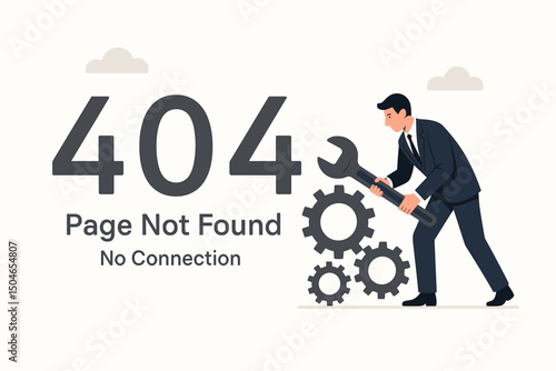 Flat vector illustration of 404 error page not found. Businessman in suit uses wrench to fix gears, representing website maintenance, no connection, system error repair concept.