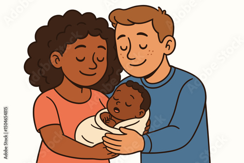 Happy multiracial family illustration featuring diverse parents, mother and father, tenderly holding their sleeping newborn baby wrapped in a swaddle blanket, vector portrait.