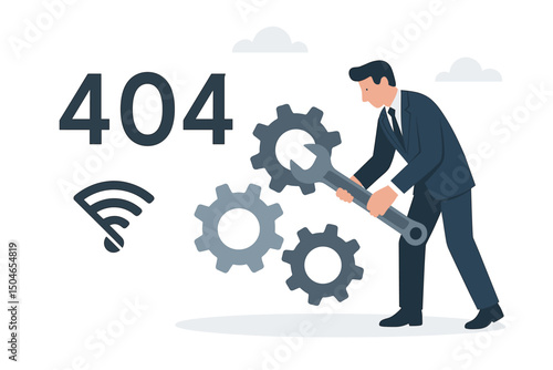 Flat vector illustration showing a 404 error page concept, businessman using a wrench on gears symbolizing website maintenance, connection issues, technical troubleshooting and repair.