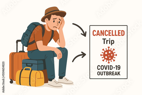 Sad tourist man with backpack and suitcases sits disappointed because his vacation trip is cancelled due to the Coronavirus COVID-19 pandemic outbreak. Vector illustration concept.