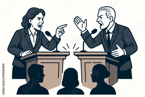 Intense political debate vector illustration showing male and female candidates arguing fiercely behind podiums in front of an audience, graphic representation of election confrontation.