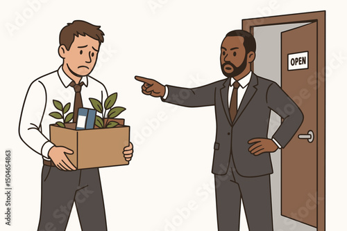 Employee dismissal scene vector art. Stern boss pointing towards open door, sad employee holding box with plant and belongings, facing job loss and unemployment. Corporate termination.