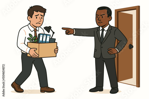 Cartoon illustration of a sad employee being fired by his stern boss pointing to the door, man carries box of belongings after job termination, layoff and unemployment concept vector.
