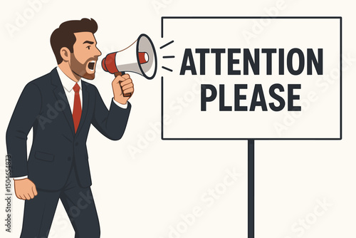 Attention grabbing vector illustration of a businessman with a megaphone shouting next to an 'Attention Please' notice board, perfect for business announcements and urgent alerts.