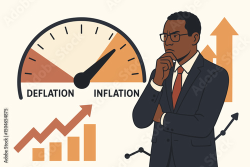 Concerned African American executive studies economic indicators showing high inflation versus deflation, with rising financial graphs. Business strategy and market analysis concept.