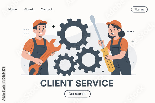 Client service landing page vector illustration showing male and female technicians with tools fixing gears concept for technical support, maintenance, website UI, and teamwork.