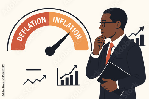 Black Businessman Analyzes Economic Trends, Pondering Inflation and Deflation Risks with Financial Charts and Gauge - Strategic Business Decision Making Vector Illustration Concept