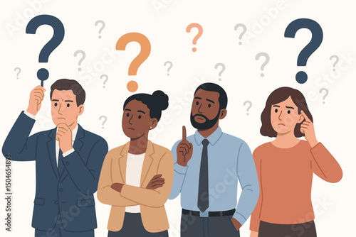 Pensive diverse business team with question marks vector illustration. Confused multicultural colleagues brainstorming, seeking answers, problem solving, thinking about solutions together.