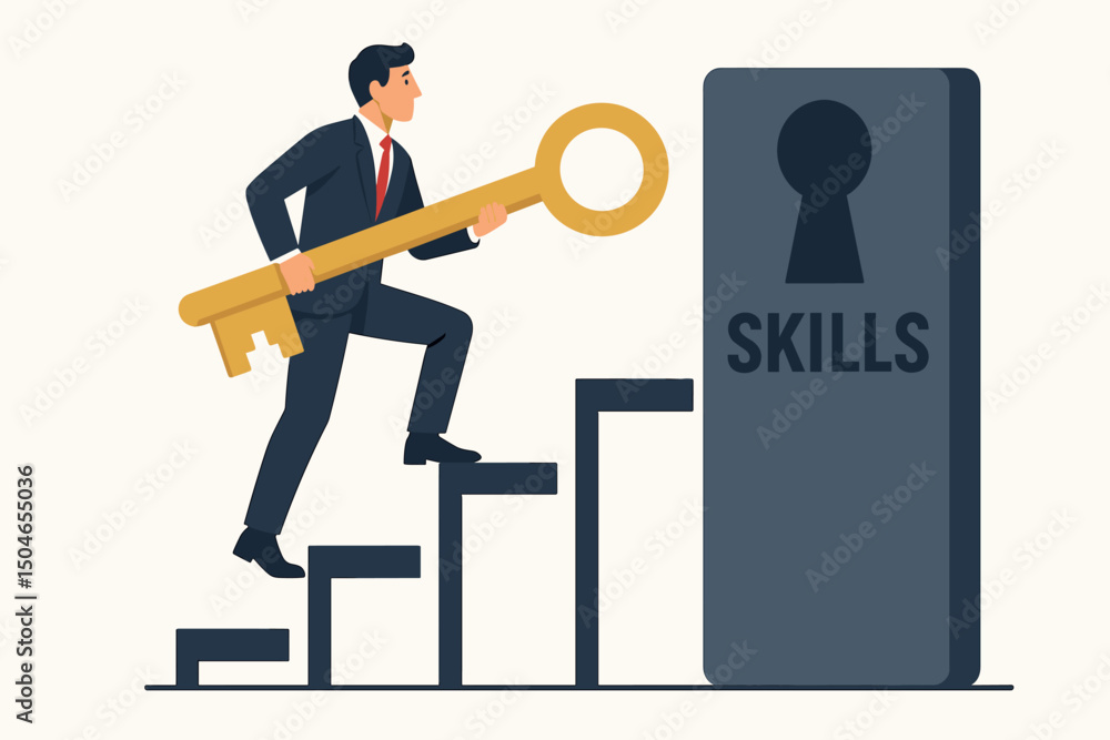 Skills key to success vector concept. Businessman climbs career ladder stairs holding golden key to unlock professional development, achievement, and opportunity door illustration. Skills key to success vector concept. Businessman climbs career ladder stairs holding golden key to unlock professional development, achievement, and opportunity door illustration.
