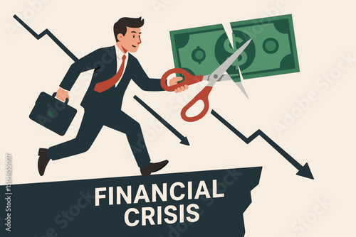 Financial Crisis Vector Illustration: Businessman with briefcase cutting dollar bill using large scissors while running, symbolizing cost reduction, budget cuts, and economic downturn.