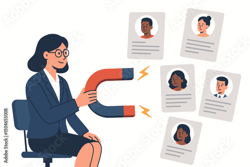 HR Professional Uses Giant Magnet to Attract Top Talent and Diverse Job Applicant Profiles. Recruitment Strategy, Candidate Attraction, and Hiring Process Vector Illustration.