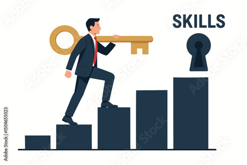 Professional man in suit ascends career growth chart holding the key to unlock essential skills, representing personal development, opportunity unlocking, and business success.