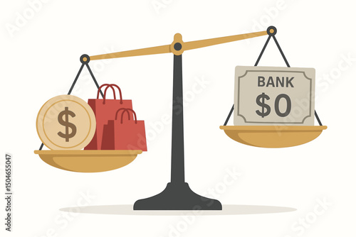 Conceptual vector art of financial imbalance: A tilted scale shows heavy spending with shopping bags and cash outweighing an empty bank account at zero, illustrating debt and budget issues.