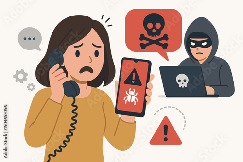Worried woman on phone call experiences smartphone security breach alert from hacker spreading malware, illustrating cybercrime, data theft, and online scam victim distress vector graphic.