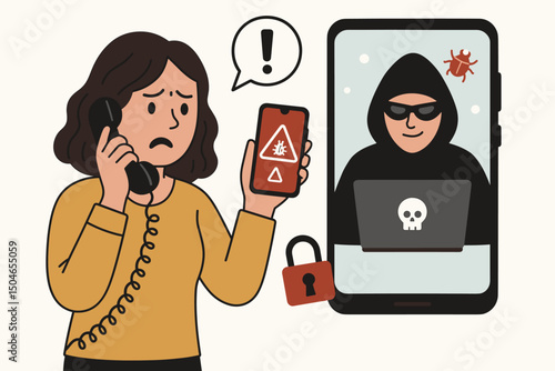 Worried woman targeted by phone scammer illustrates cybersecurity threat, smartphone security breach alert with hacker, malware bug, and padlock vector graphic illustration.