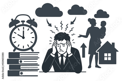 Vector illustration of an overwhelmed man facing pressure from work deadlines, family life, and home responsibilities. Concept of stress, burnout, anxiety, and poor work-life balance.