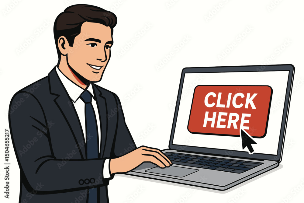 Vector illustration of a smiling businessman using a laptop with a prominent red 'Click Here' button on screen. Ideal for web design, call to action, online marketing, and business promotion. Vector illustration of a smiling businessman using a laptop with a prominent red 'Click Here' button on screen. Ideal for web design, call to action, online marketing, and business promotion.