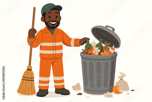 Happy African American garbage collector character in orange uniform with broom and overflowing trash can vector illustration. Sanitation worker cleaning up refuse, waste management concept.