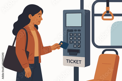 Commuter woman using a bank card for easy contactless fare payment at an electronic ticket validator machine inside a city bus, illustrating modern public transit technology.