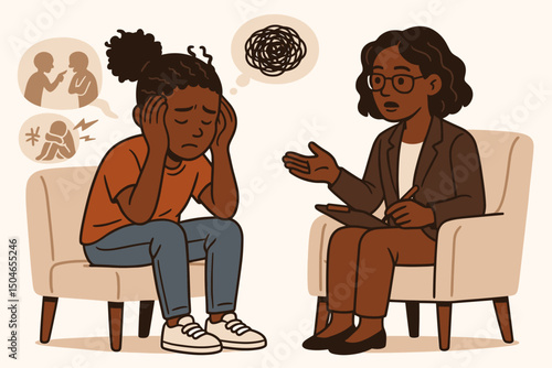 Adolescent Mental Health Vector: Troubled Black Teen Girl in Counseling Session with Supportive Therapist, Discussing Family Conflict and Inner Turmoil Illustration