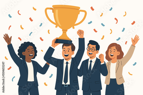 Jubilant diverse corporate team celebrating major success, holding aloft a golden trophy amidst falling confetti. Vector illustration depicting teamwork, victory, and business achievement.
