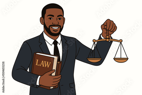 Professional Black lawyer character illustration holding law book and scales of justice. Vector concept for legal system, representation, consultation, equality, and advocacy art.