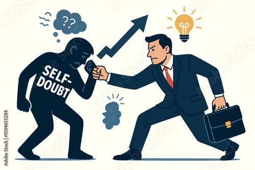 Confident businessman fighting inner self-doubt shadow figure to achieve success and growth. Vector concept illustration depicting overcoming obstacles, resilience, determination, and innovation.