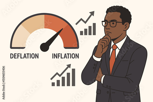 Concerned Black businessman analyzes economic trends, contemplating inflation versus deflation rates and growth charts. Financial strategy and market analysis vector illustration.