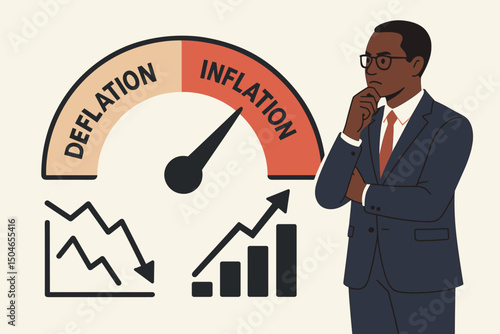 African American politician or businessman evaluating economic indicators, balancing inflation and deflation risks shown on gauge and graphs. Financial analysis vector illustration.