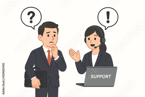Puzzled businessman gets clear answers from a helpful female support agent. Vector graphic depicting customer service exchange, consultation, problem-solving, and expert advice concept.