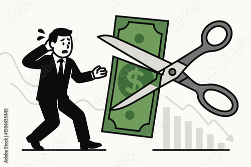 Financial crisis concept vector illustration showing stressed employee reacting to pay cut as scissors cut money, representing wage reduction, budget cuts, and economic downturn.