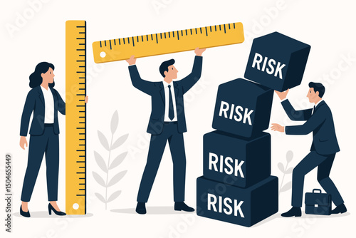Professional business people measuring and stacking risk blocks in a conceptual vector illustration of corporate risk assessment, analysis, strategy, and financial management.