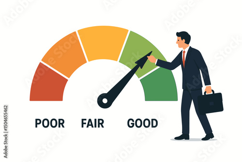 Vector illustration businessman improving credit score pushing indicator needle towards good excellent rating on gauge Financial health check creditworthiness measurement progress.