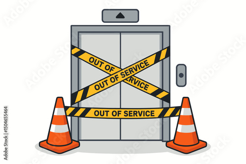 Out of Service Elevator vector illustration with caution tape and traffic cones indicating repair or maintenance, closed lift unavailable for use due to technical issues or breakdown.