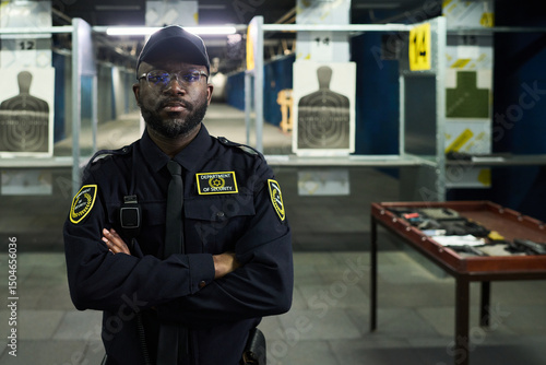Konstfotografi Portrait of African American security guard standing confidently with arms crossed at indoor shooting range