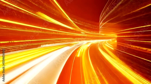 Abstract light trails show speed and motion, featuring warm yellows and oranges against a darker red, capturing the energy of movement