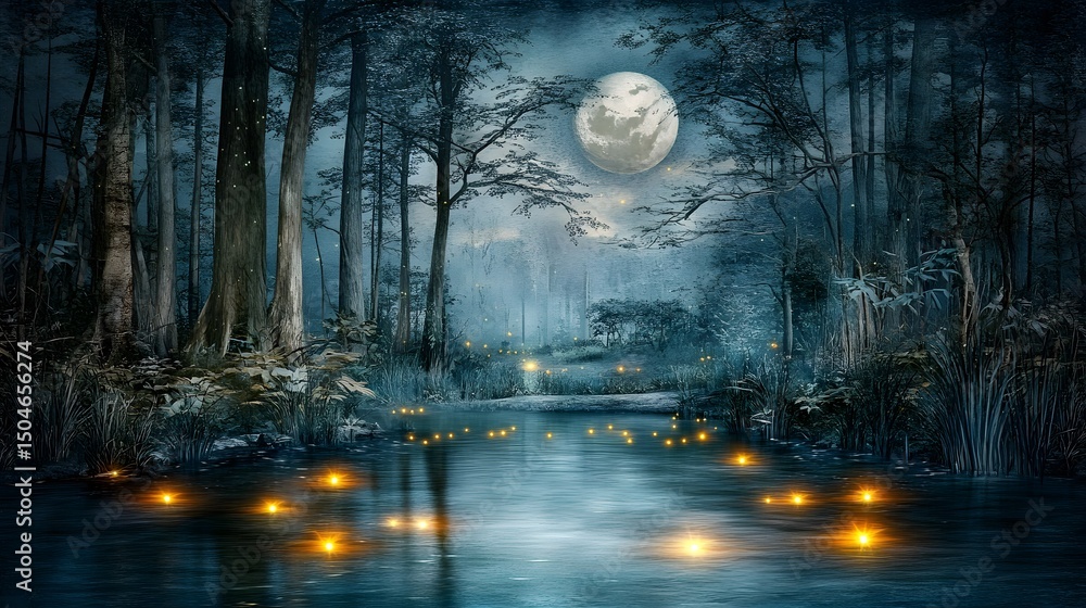 Naklejka premium Enchanted Moonlit Forest Lake with Fireflies