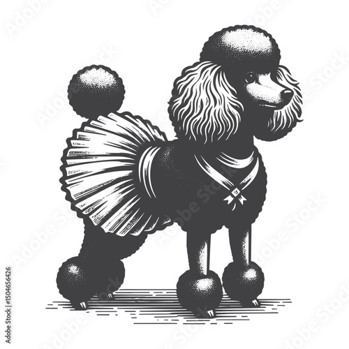 Vintage Hand-Drawn Poodle in Tutu Illustration – Elegant Ballet Engraved Style Vector for T-Shirts, Posters, Stickers, and Pet Fashion Apparel