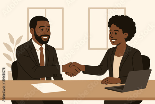 Professional Black man and woman shaking hands at office desk, finalizing business deal agreement. Vector illustration of successful partnership, collaboration, recruitment, and contract success.
