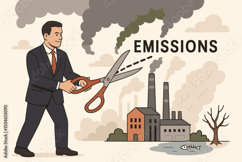 Vector illustration of a businessman cutting factory smoke emissions, representing corporate action against pollution, climate change mitigation, and promoting environmental sustainability.