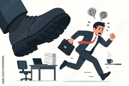 Panicked businessman running from giant boot symbolizing overwhelming workload, corporate pressure, and job stress. Vector concept of escaping burnout and anxiety at the office.