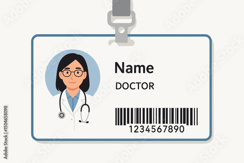 Female Doctor ID Badge Vector Template with Placeholder Portrait, Name, Barcode, and Lanyard Clip. Professional Medical Staff Identification Card Design for Hospitals and Clinics.