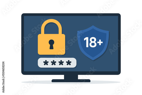 Parental Controls on TV Screen with Password Lock and 18+ Age Restriction Shield Vector Illustration for Digital Safety and Content Filtering Concepts Modern Flat Design