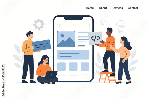 Collaborative Team Developing Mobile App Interface - UI UX Design and Programming Professionals Working Together on Smartphone Screen - Flat Vector Illustration for Web