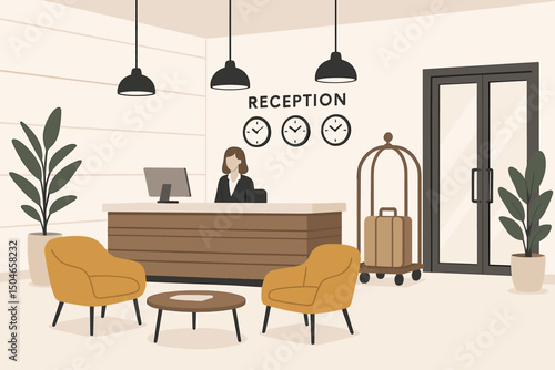 Contemporary hotel check-in area illustration. Includes reception desk with attendant, visitor seating, baggage cart, plants, and multiple clocks. Perfect for travel and service concepts.